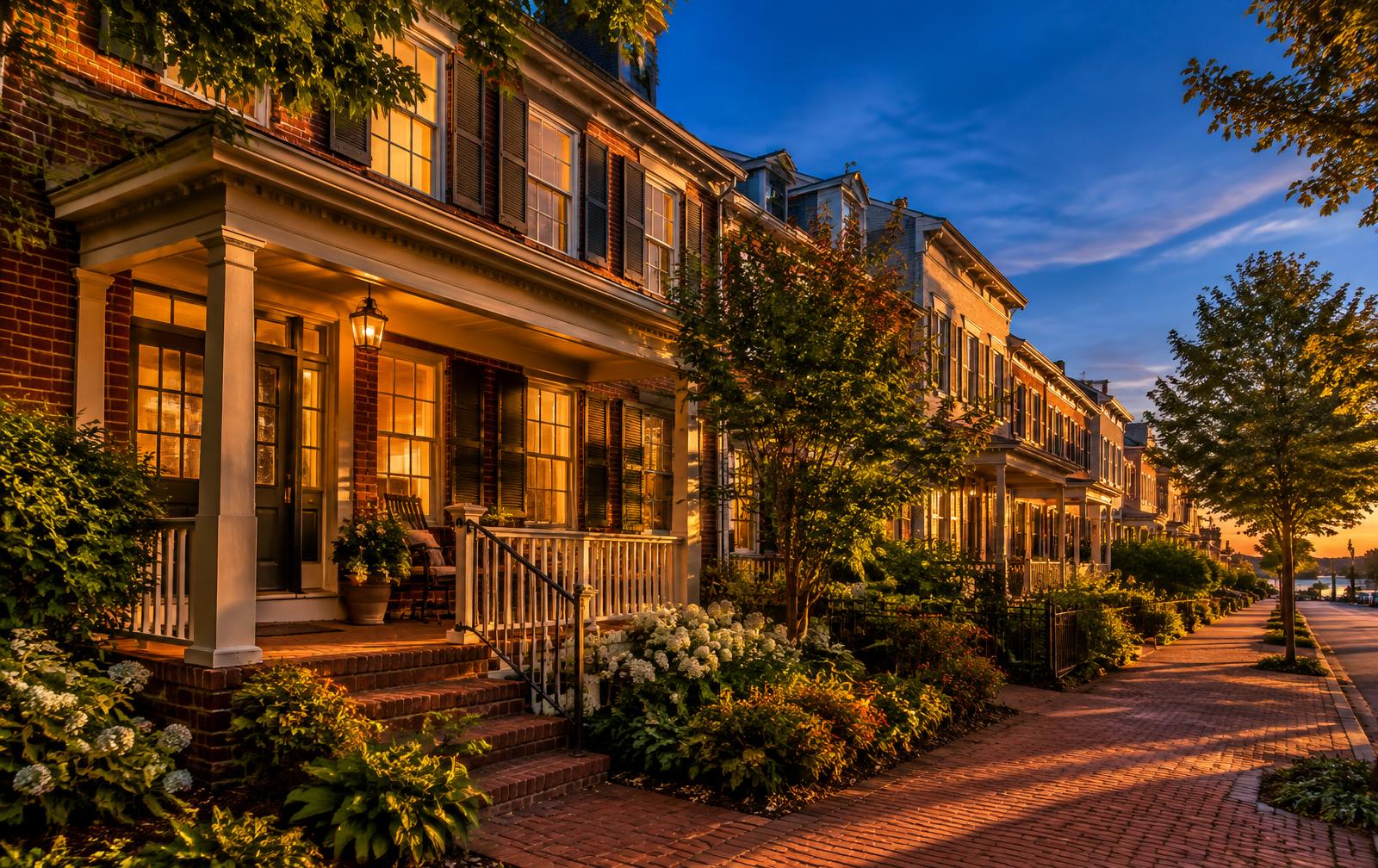Warmly lit brick homes at golden hour